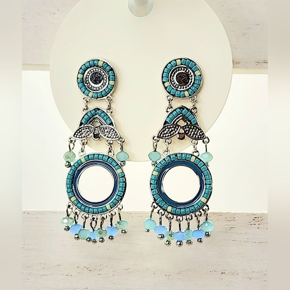 Turquoise & Silver Tone Boho Dangle Earrings